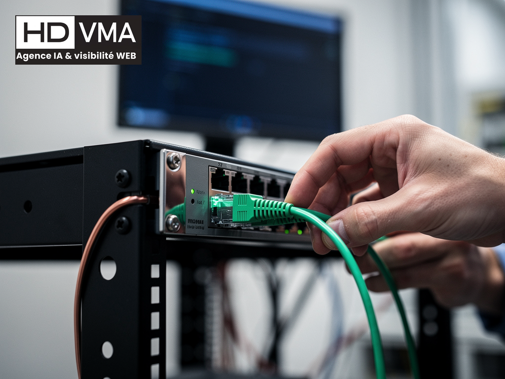 Câble fibre optique branché dans un switch, image de l'infrastructure qui route les citations des IA