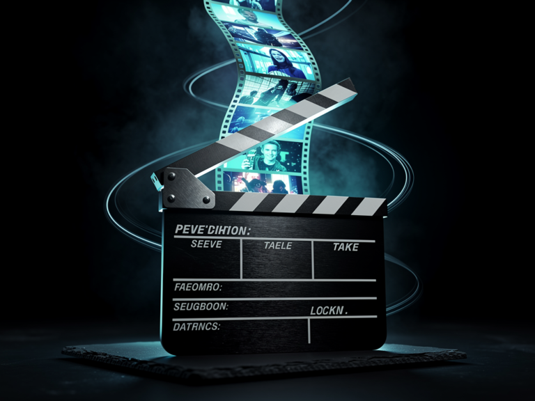 Génération de vidéos courtes marketing par IA en 2026 : ruban de cadres vidéo verticaux lumineux sortant d'un clap de cinéma