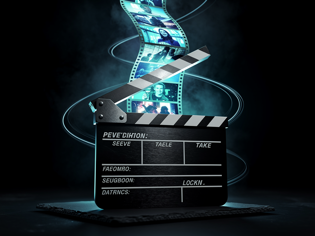 Génération de vidéos courtes marketing par IA en 2026 : ruban de cadres vidéo verticaux lumineux sortant d'un clap de cinéma