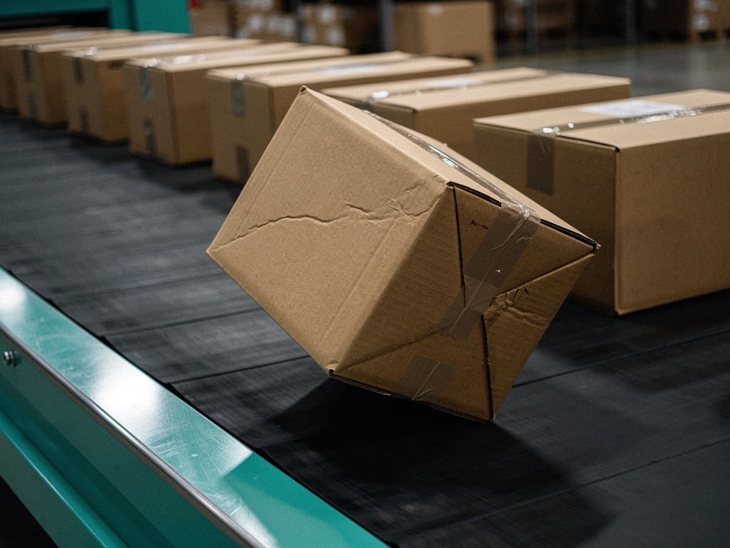 IA en production dans le commerce : colis sur un convoyeur d'entrepôt, optimisation des stocks et logistique