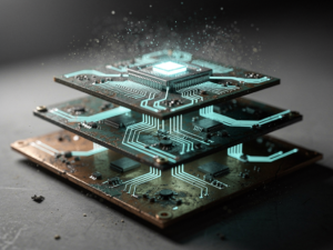 Lancer une agence IA FDE : pyramide de circuits imprimés illustrant les couches data, cloud et agents IA de l'offre technique