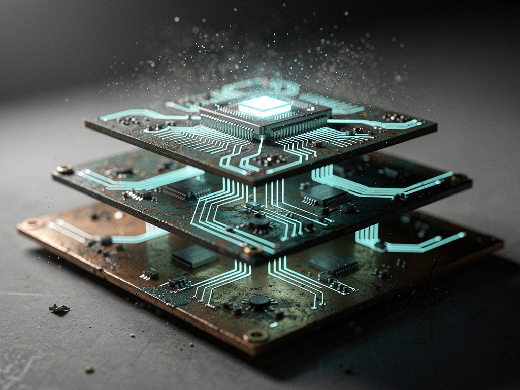 Lancer une agence IA FDE : pyramide de circuits imprimés illustrant les couches data, cloud et agents IA de l'offre technique