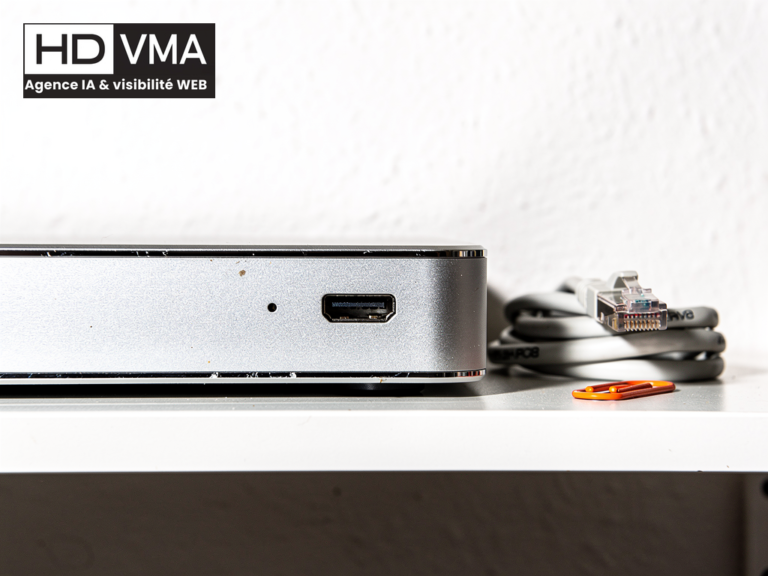 LLM local PME 2026 : mini-PC argenté avec câble Ethernet sur étagère blanche