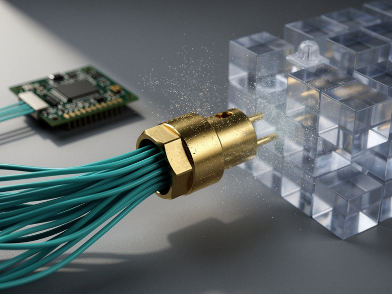 Agents IA du roadmap FDE : connecteur laiton reliant un module de circuit à des cubes de données par des fibres turquoise