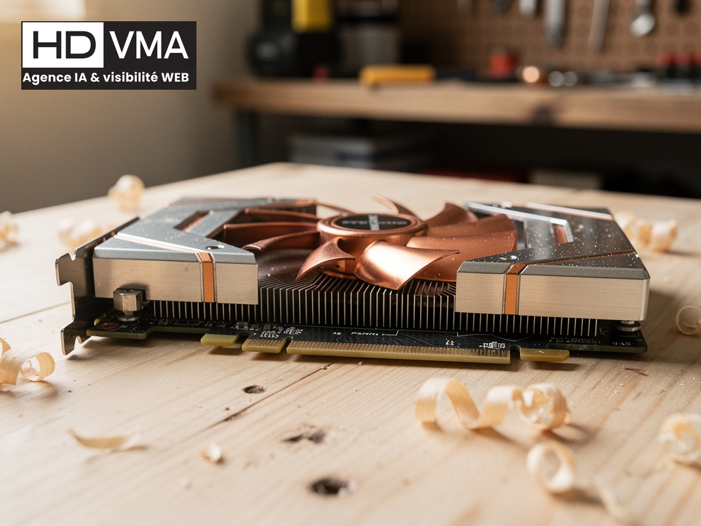 Mistral AI 2026 : carte GPU posée sur un établi clair, atelier chaud