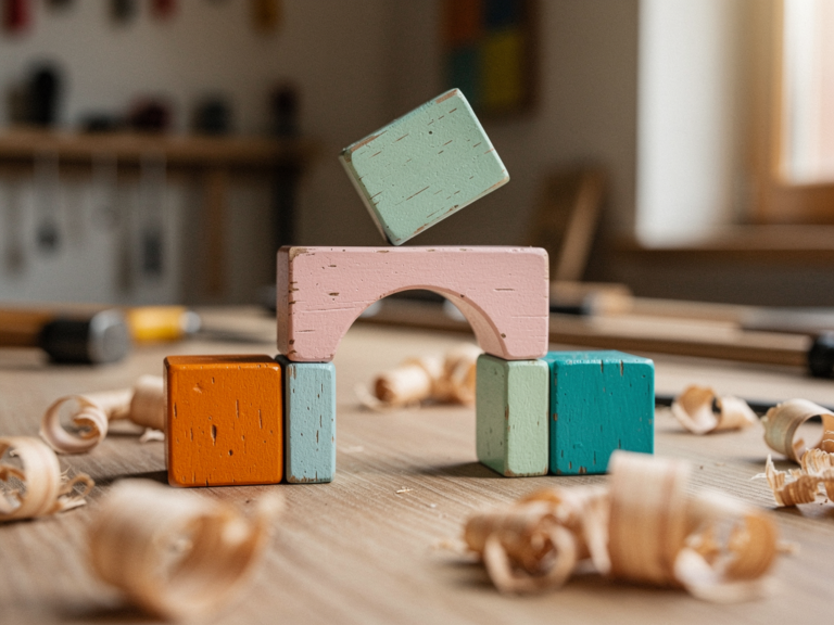 Outils marketing pour lancer une agence IA en PACA, blocs de construction colorés assemblés sur une table en chêne