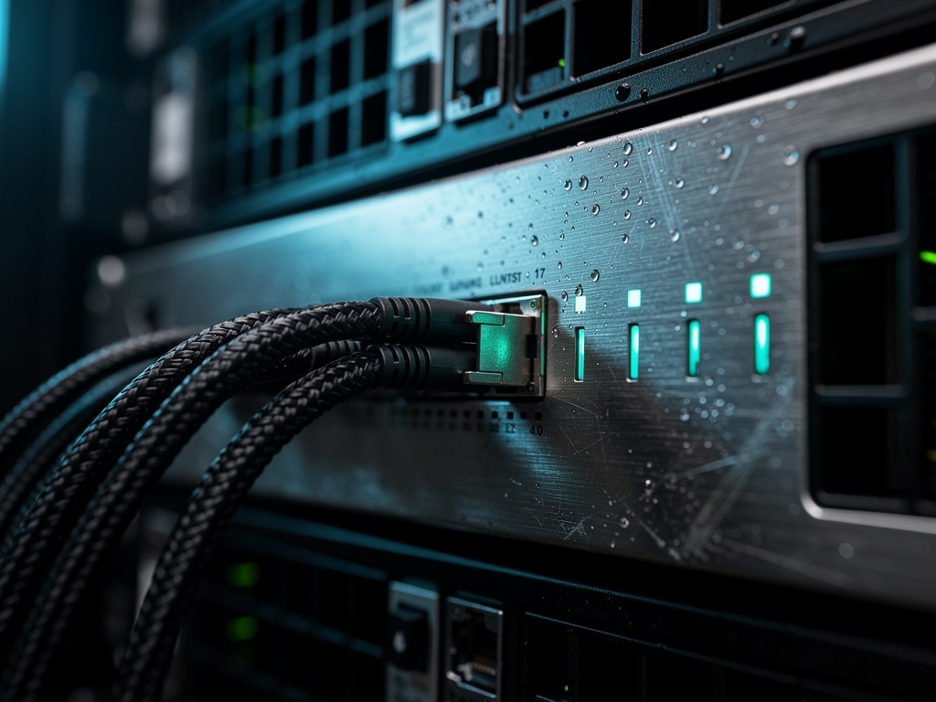 Phase cloud du roadmap FDE : serveur lame aux ports réseau illuminés et câbles fibre optique convergents
