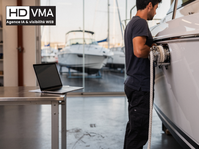 Technicien de chantier naval Côte d'Azur travaille sur coque pour vendre bateau via SEO GEO
