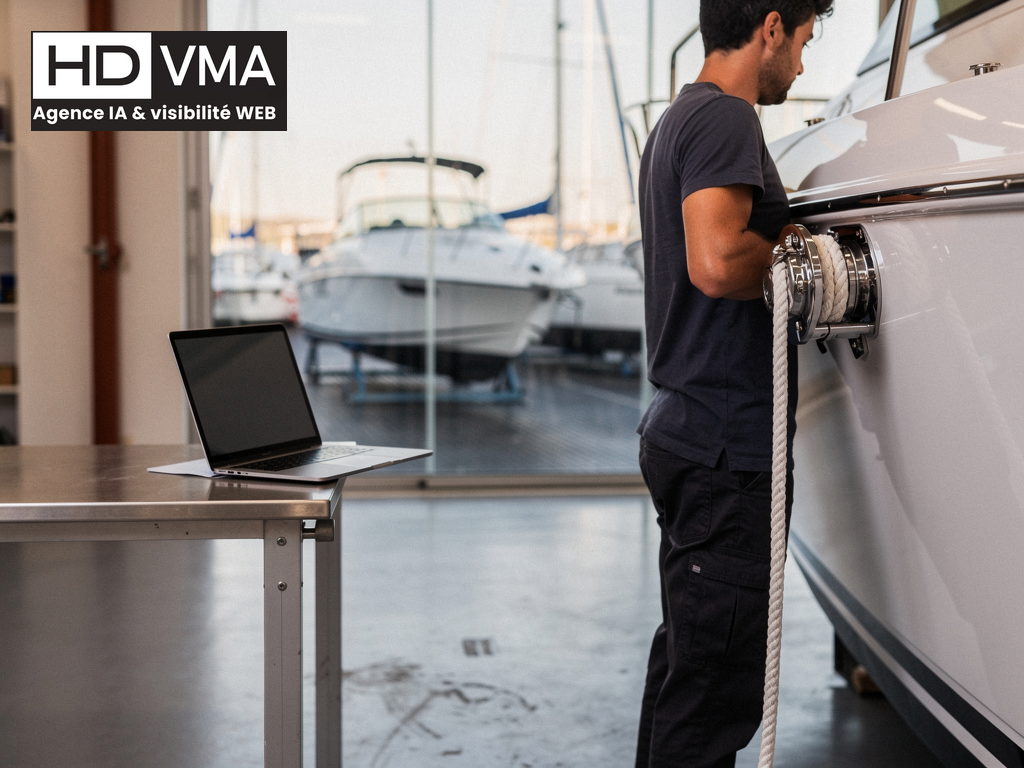 Technicien de chantier naval Côte d'Azur travaille sur coque pour vendre bateau via SEO GEO
