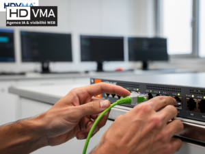 Câble fibre optique branché dans un switch, illustration de l'infrastructure derrière Siri AI et la recherche générative