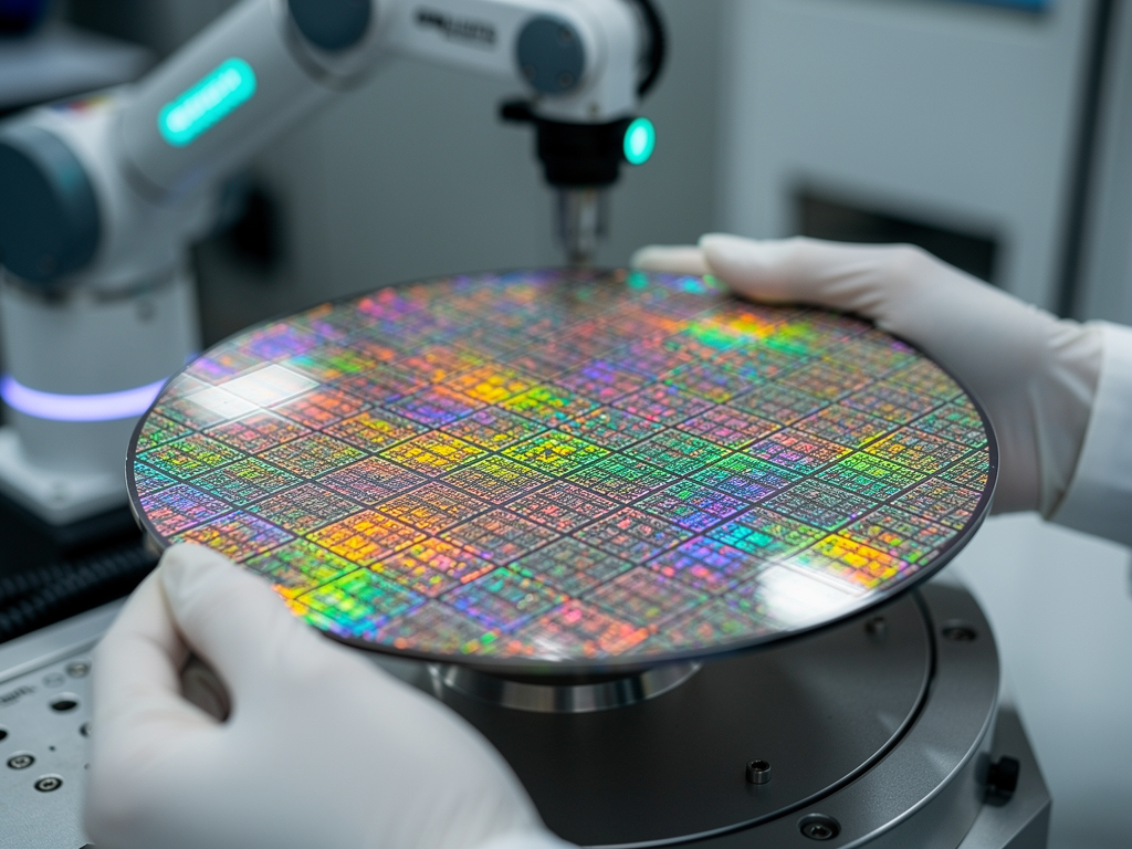 Plaque de silicium 300 mm en salle blanche illustrant la fabrication des puces TSMC les plus puissantes
