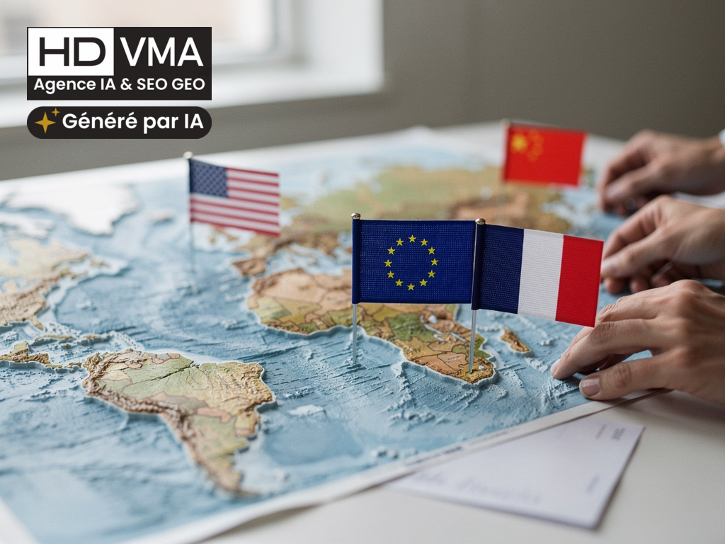 Europe et IA en 2026 : mappemonde avec drapeaux Europe, France, États-Unis, Chine