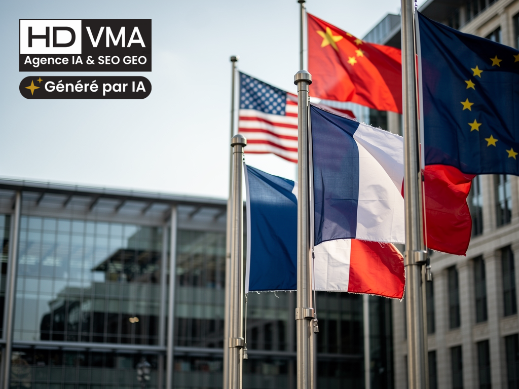 Mistral AI en 2026 : drapeaux France, Europe, États-Unis et Chine