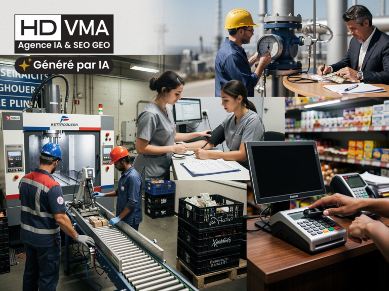 IA et emplois en France : professionnels au travail dans des secteurs variés, de l'atelier au cabinet