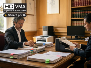 IA pour les notaires : panonceau doré et salle de signature d'un office notarial
