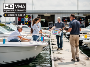 IA et vente de bateaux : pontons d'une société nautique, vedettes et voiliers amarrés