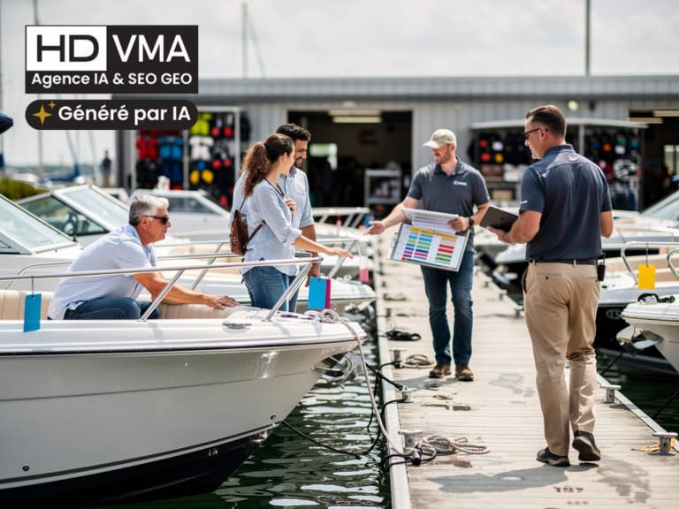 IA et vente de bateaux : pontons d'une société nautique, vedettes et voiliers amarrés